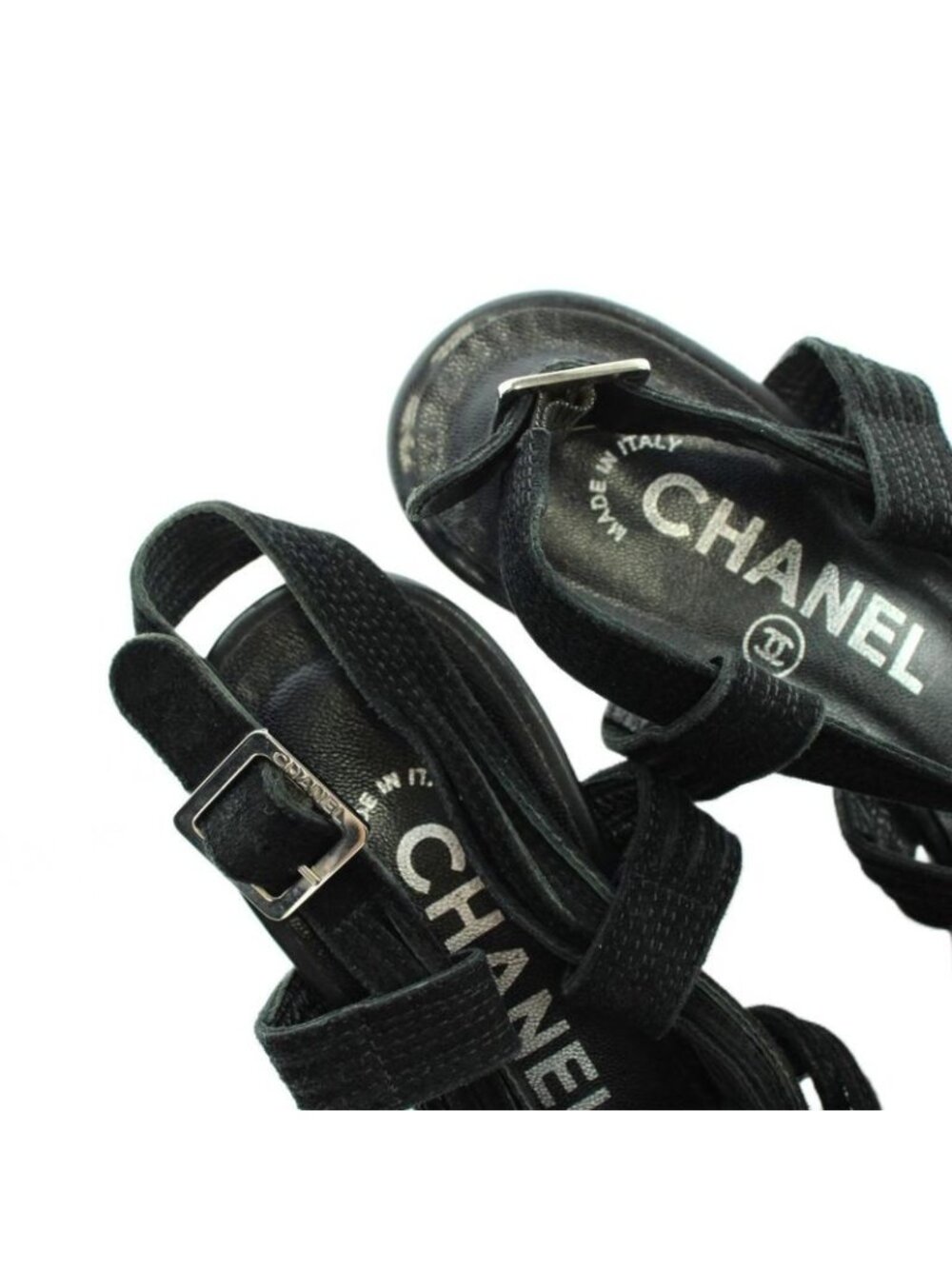 Chanel Sandals Wedge Sole Leather Ankle Strap Logo 38.5 Black - Picture 4 of 7